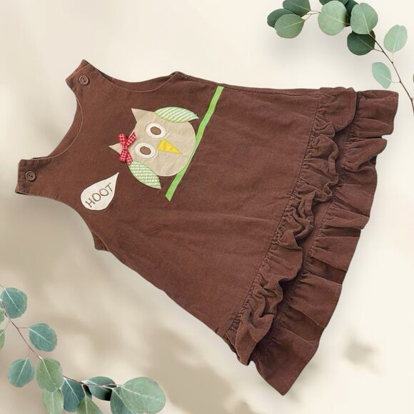 Funtasia! Too Toddler 4R Jumper Dress Owl Patchwork Corduroy Fall Ruffles - Picture 1 of 11